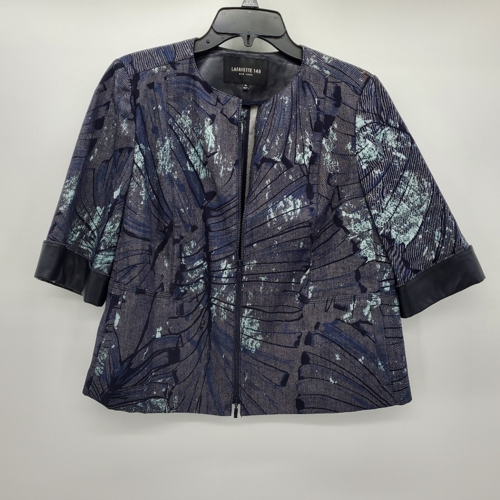 Lafayette 148 Etched Palm Zip-Front 3/4-Sleeve Denim Jacket women's medium